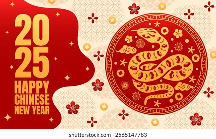 Happy Chinese lunar new year banner with golden snake and Asian flowers. Vector Cny 2025 greeting card with gold reptile snake inside red circular emblem, surrounded by floral motifs, clouds and coins