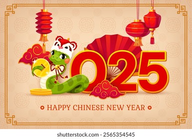 Happy Chinese Lunar New Year Asian horoscope snake for holiday, vector banner. 2025 Chinese New Year greeting card with funny snake in dragon festival hat, red lanterns or gold coins and clouds