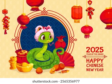 Happy Chinese lunar new year holiday greetings with cute green snake. Vector festive banner with funny reptile in lion dance hat with red lanterns, fan, mandarin fruits, sychee, gold coins and petards