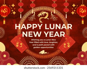 Happy Chinese Lunar New Year card in red background with cream color text, Red and golden decoration, Lanterns, red envelope, fireworks, dragon, blossom, clouds,Chinese zodiac sign vector illustration