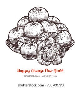 Happy Chinese lunar new year sketch greeting card with tangerins - symbols of fortune, luck, wealth and spring festival. Vector hand drawn illustaration with plate of mandarins