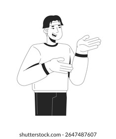 Homem chinês feliz explicando com gestos personagem de linha 2D. Professor online. Falante envolvente. Asiático masculino amigável apresentador isolado vetor tinta contorno pessoa. Ilustração de ponto monocromático