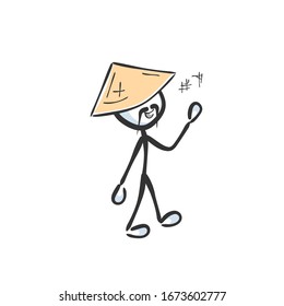 Happy chinese man with a hat. Hand drawn. Stickman cartoon. Doodle sketch, Vector graphic illustration
