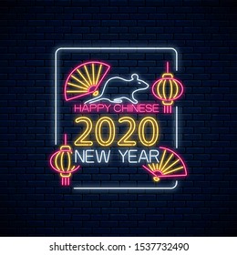 Happy Chinese New 2020 Year of white rat greeting card design in neon style. Zodiac sign for banner, flyer, invitation with white rat, fan, lantern and rectangle frame. Vector illustration