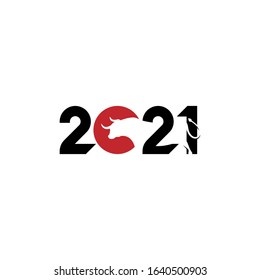 Happy Chinese new 2021 year logo number Vector with a silhouette image of a Ox