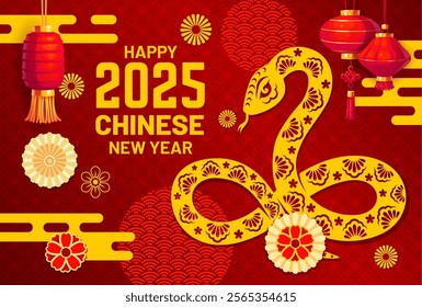 Happy Chinese new lunar snake year banner with paper cut details, traditional lanterns, floral patterns and blooms. Vector elegant Cny greeting card featuring golden ornate reptile symbol of the 2025