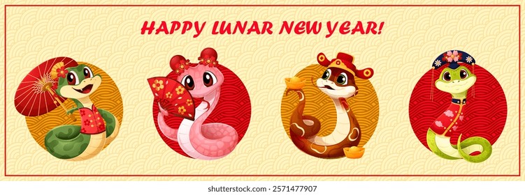 Happy Chinese new lunar year snake characters collage banner. Cute reptiles in traditional festive attire holding red fan, umbrella and gold sychee celebrate prosperity and heritage for 2025 holiday