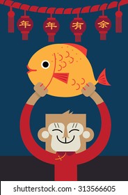 Happy Chinese New Year 2015 Greetings (Translation: Wishing you a Prosperous New Year) /fish illustration/ monkey holding fish