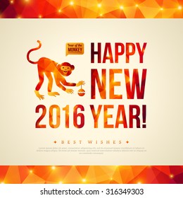 Happy Chinese New Year 2016 Greeting Card with Monkey. Vector Illustration.