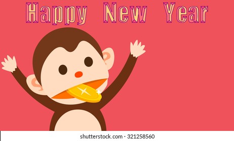 Happy Chinese New Year of 2016. Spring Festival holiday party event. Cartoon monkey mascot character biting lucky golden coin. Decoration clip art object for greeting card or advertisement wall poster