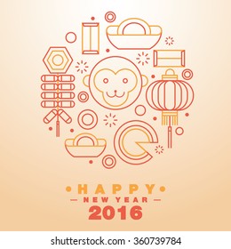 Happy Chinese New Year 2016 Greeting Card Icons Symbol - Vector flat line design art