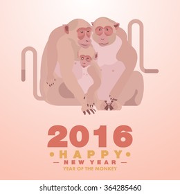 Happy Chinese New Year 2016 Greeting Card Monkey Family Embracing Theme - Vector flat design art