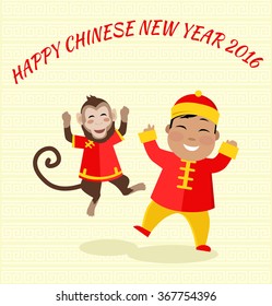  Happy Chinese New Year 2017 card with zodiac monkey in traditional chinese background.