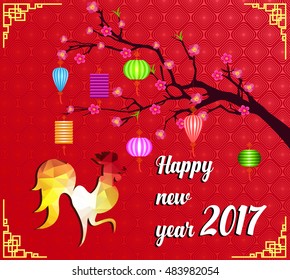 Happy Chinese New Year 2017 of the Rooster - lunar -  with firecock and plum blossom