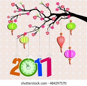 Happy Chinese New Year 2017 of the Rooster - lunar -  with number 2017 and o,clock hang on plum blossom 
