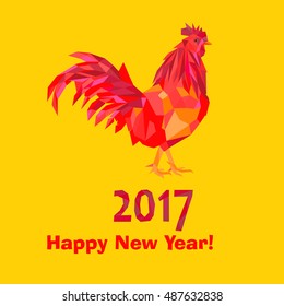 Happy Chinese new year 2017 card with red rooster on yellow background. Good for prints, covers, posters, cards, gift design. Vector Illustration