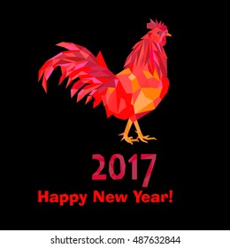 Happy Chinese new year 2017 card with red rooster on black background. Good for prints, covers, posters, cards, gift design. Vector Illustration