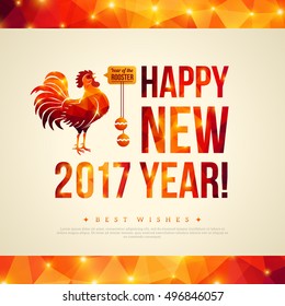 Feliz Año Nuevo Chino 2017 Tarjeta de felicitación con gallo. Ilustración vectorial. Marco de patrón de brillo geométrico. Pancarta horizontal.