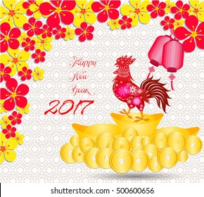 happy Chinese new year 2017 card is Gold coins money, lanterns