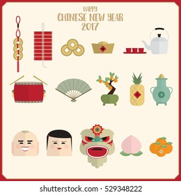 Happy chinese new year 2017 icons set vector