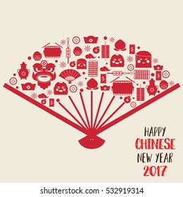 Happy chinese new year 2017 icons set form Chinese fan vector