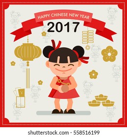 Happy Chinese new year 2017 card concept.  Chinese girl. Abstract people character vector design illustration EPS10.