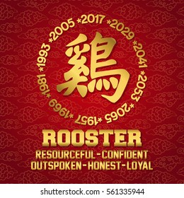 Happy Chinese New Year 2017 Greeting Card on Red Background. Golden Circle Year with Shio (Zodiac) Rooster Calligraphy. Vector Illustration.