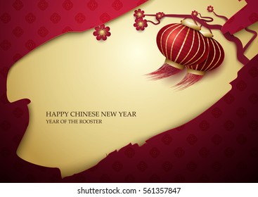 Happy chinese new year 2017. Asian lanterns lamps with spring blooming branches in gold ink and red background