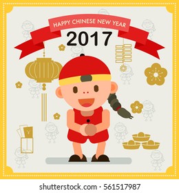 Happy Chinese New Year 2017. Chiness boy greeting for wealth and happiness. People character vector design illustration EPS10.