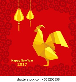 Happy Chinese new year 2017 of red rooster with lantern and flowers