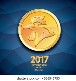 Happy Chinese new year 2017 with golden rooster , animal symbol of new year 2017