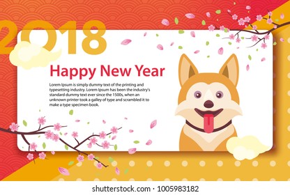 Happy Chinese New Year 2018. Year of the dog in the Chinese calendar. Template for greeting card, poster, advertising banner. Sakura branches and clouds. Horizontal banner. Vector illustration