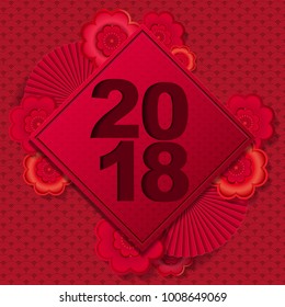 Happy Chinese New Year 2018 Vector Design, paper art flowers And Text design On Chinese Pattern Background.Vector Illustrator 

