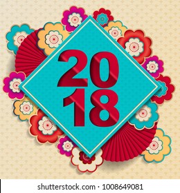 Happy Chinese New Year 2018 Vector Design, paper art flowers And Text design and Chinese Lantern lamp in red and gold, On Chinese Pattern Background.Vector Illustrator 
