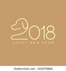Happy chinese new year 2018 text, Dog crouch line stroke design gold color isolated on light brown background with copy space