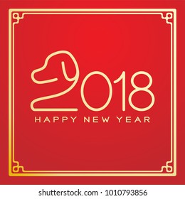 Happy chinese new year 2018 text, Dog crouch line stroke design in chinese frame gold color isolated on red gradient background with copy space
