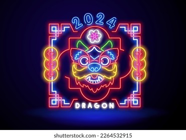 Happy Chinese New Year 2018. Neon sign, emblem, symbol. A glowing banner, a bright night sign in neon style. Celebration Chinese New Year