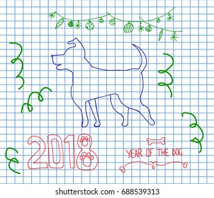 Happy Chinese new year 2018 card year of dog on copybook background. Vector illustration.