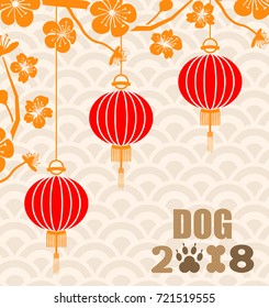 Happy Chinese New Year 2018 Card with Hanging Lanterns and Blossom Sakura - Illustration Vector