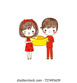 Happy chinese new year 2018 with cute cartoon boy and girl in traditional chinese clothes. Postcard, greeting card. Isolated on white background. Vector illustration. Flat design. Vector illustration.