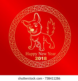 Happy Chinese new year 2018. Dog in circle frame. Chinese Gold vector design.