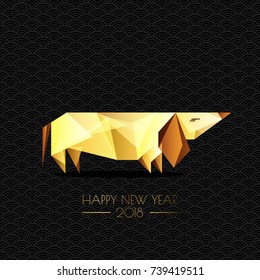 Happy Chinese New Year 2018. Vector greeting card, poster, banner with gold luxury dog symbol. Golden low poly style dachshund dog isolated on black background.