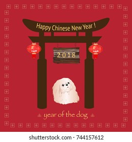 Happy Chinese New Year 2018 card. Symbol of the year is a dog. Pekingese dog with Wooden Arch and Red Lanterns on a red background.
