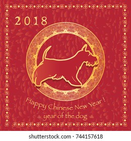Happy Chinese New Year 2018 card. Symbol of the year is a dog. Scottish Terrier dog Silhouette with circle on a red background. 