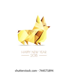 Happy Chinese New Year 2018. Vector greeting card, poster, banner with golden luxury low poly dog symbol. Gold welsh corgi pembroke dog isolated on white background.