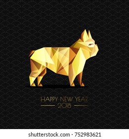 Happy Chinese New Year 2018. Vector greeting card, poster, banner with gold luxury dog symbol. Golden low poly style french bulldog dog on black background.