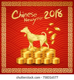 Happy Chinese New year 2018 with Millionaire Dog stand on Chinese gold coin pile /Year of the dog