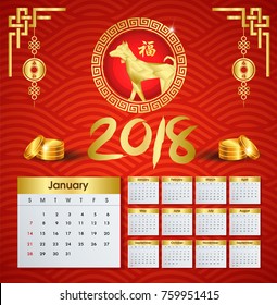 Happy Chinese New year 2018 and Calendar for year 2018 with gold coin.