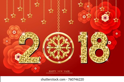Happy Chinese new year 2018. Template design. With inspiration from snowflake. Red and gold color. Vector illustration.  
