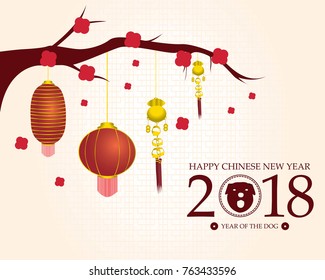 Happy Chinese new year 2018 template with red flowers and lanterns hanging on branch. Year of the dog. Vector design